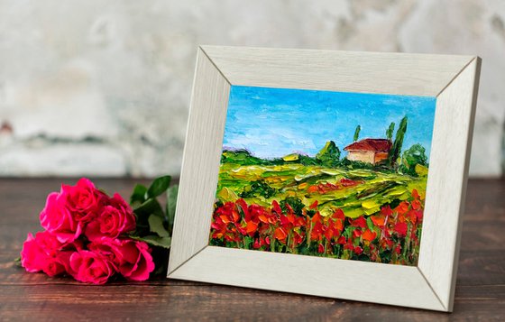 Tuscany Painting Poppy Original Art Landscape Oil Painting Impasto Small Artwork Meadow Wall Art