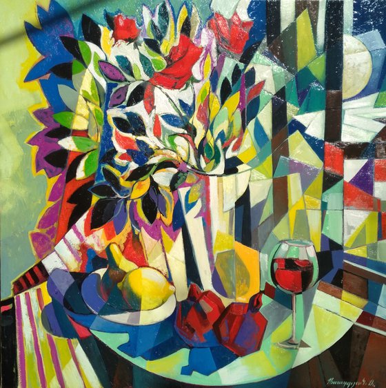 Still life with wine and pomegranates (80x80cm, cubism, oil painting, ready to hang)