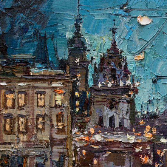 Lviv - Original oil painting of the evening city