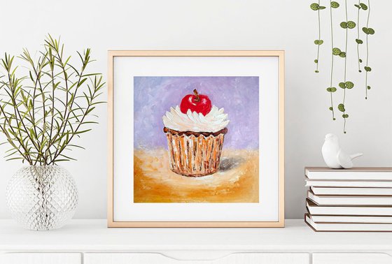 Cherry Cupcake Painting Original Art Dessert Artwork Small Food Wall Art 8 by 8