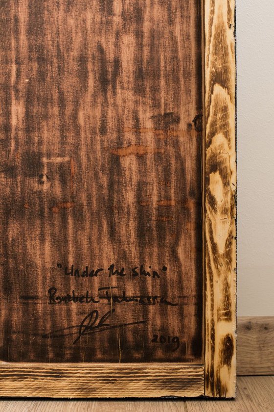 "Under the skin" (60x30x2,5cm) - Unique portrait artwork on wood (abstract, portrait, gouache, original, painting, coffee, acrylic, oil, watercolor, encaustics, beeswax, resin, wood, fingerpaint)