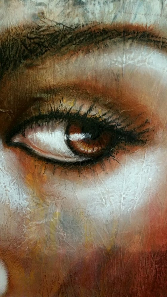 "Golden eye" Original oil large painting on fabric 45x85x2cm.ready to hang