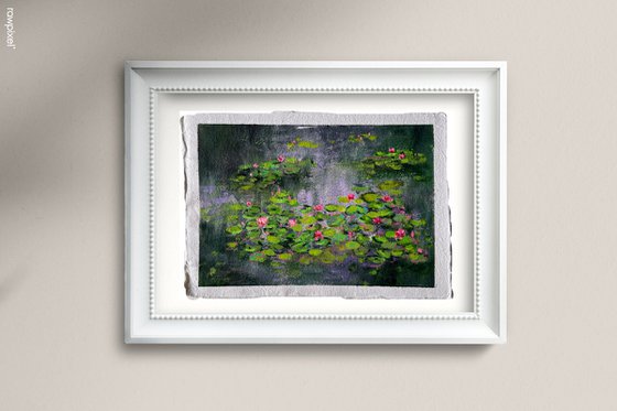Water lily pond on handmade paper