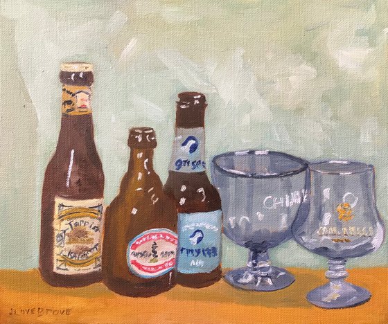 Belgian beer bottles and glasses, a still life oil painting.