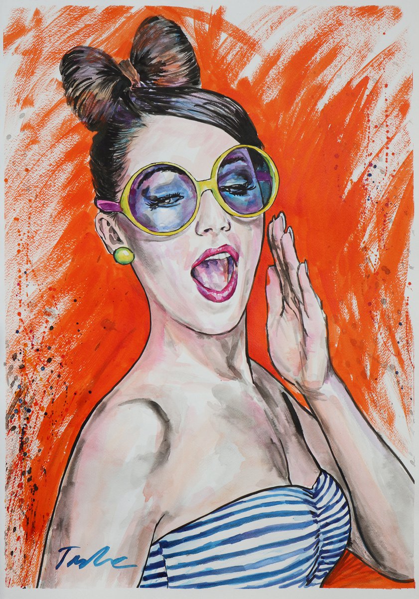 Urban And Pop Portrait Ink Drawing By Tashe, 20 X 28", "Top Secret "/ 50X72Cm, Original Artwork