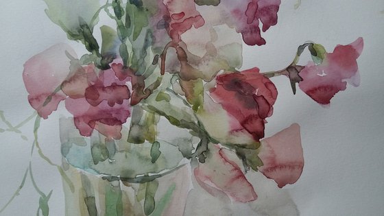 Bouquet of sweet peas. Original watercolour painting.