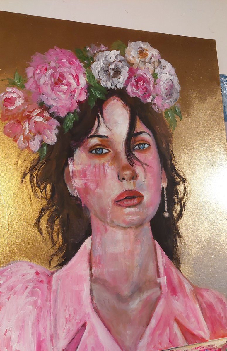 Impressionistic Portrait Acrylic Painting By Els Driesen, 24 X 31, Flowerqueen, Original Artwork