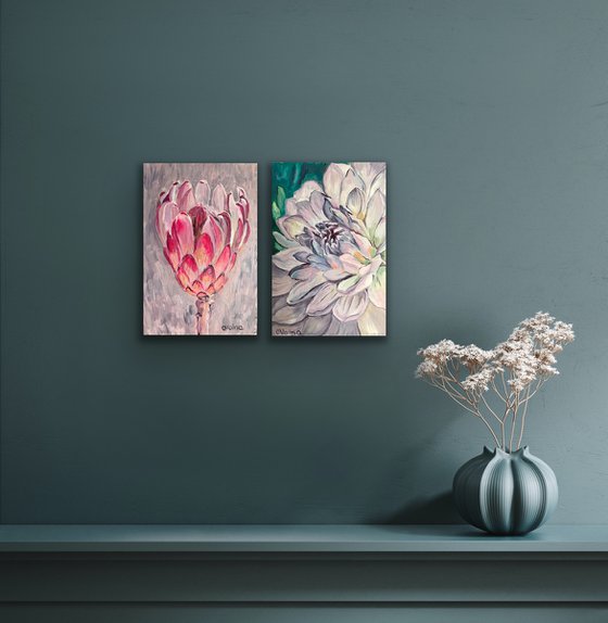 Set of 2 Purple chrysanthemum and Protea flower on silver background, oil original painting, botanical drawing