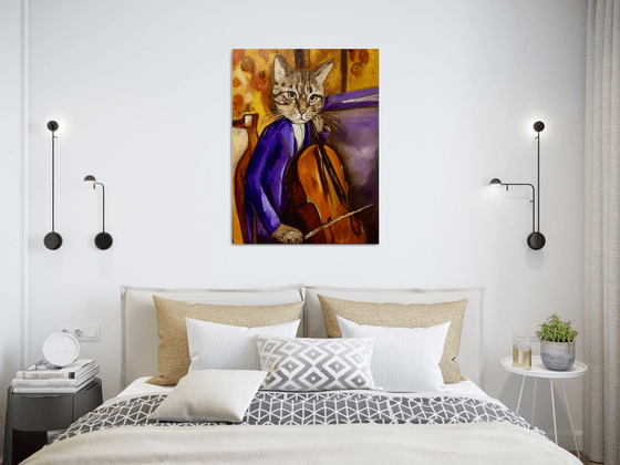 Cat Cellist inspired by Amedeo Modigliani.FELINE ART FOR CAT LOVERS GIFT IDEA