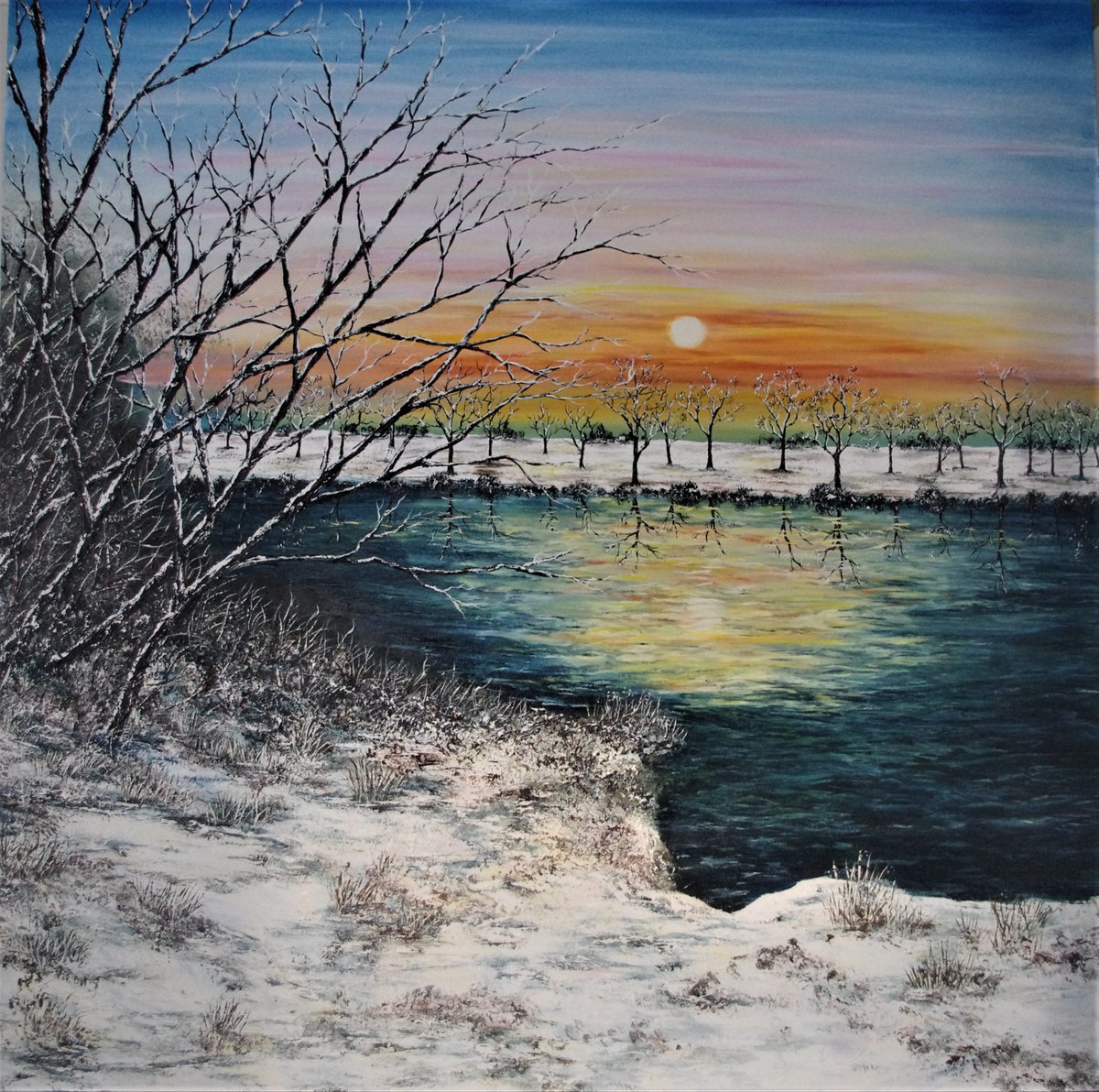 Impressionistic Landscape Oil Painting By Hazel Thomson, 39 X 39, A Winter Sunset. 100Cm X 100Cm, Original Artwork