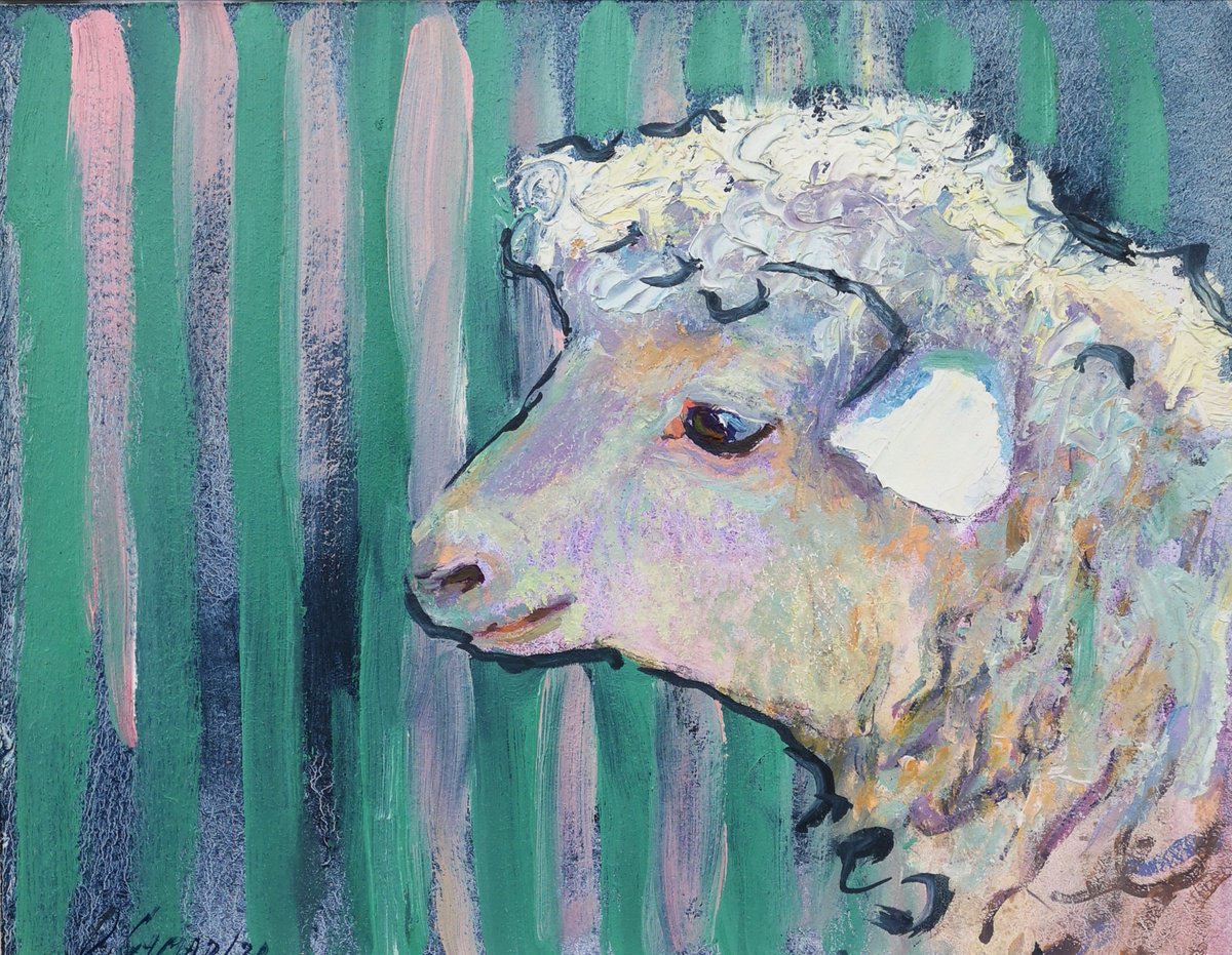 Impressionistic Animal Oil Painting By Olga Samar, 12 X 9", What Is Sheep...?, Original Artwork