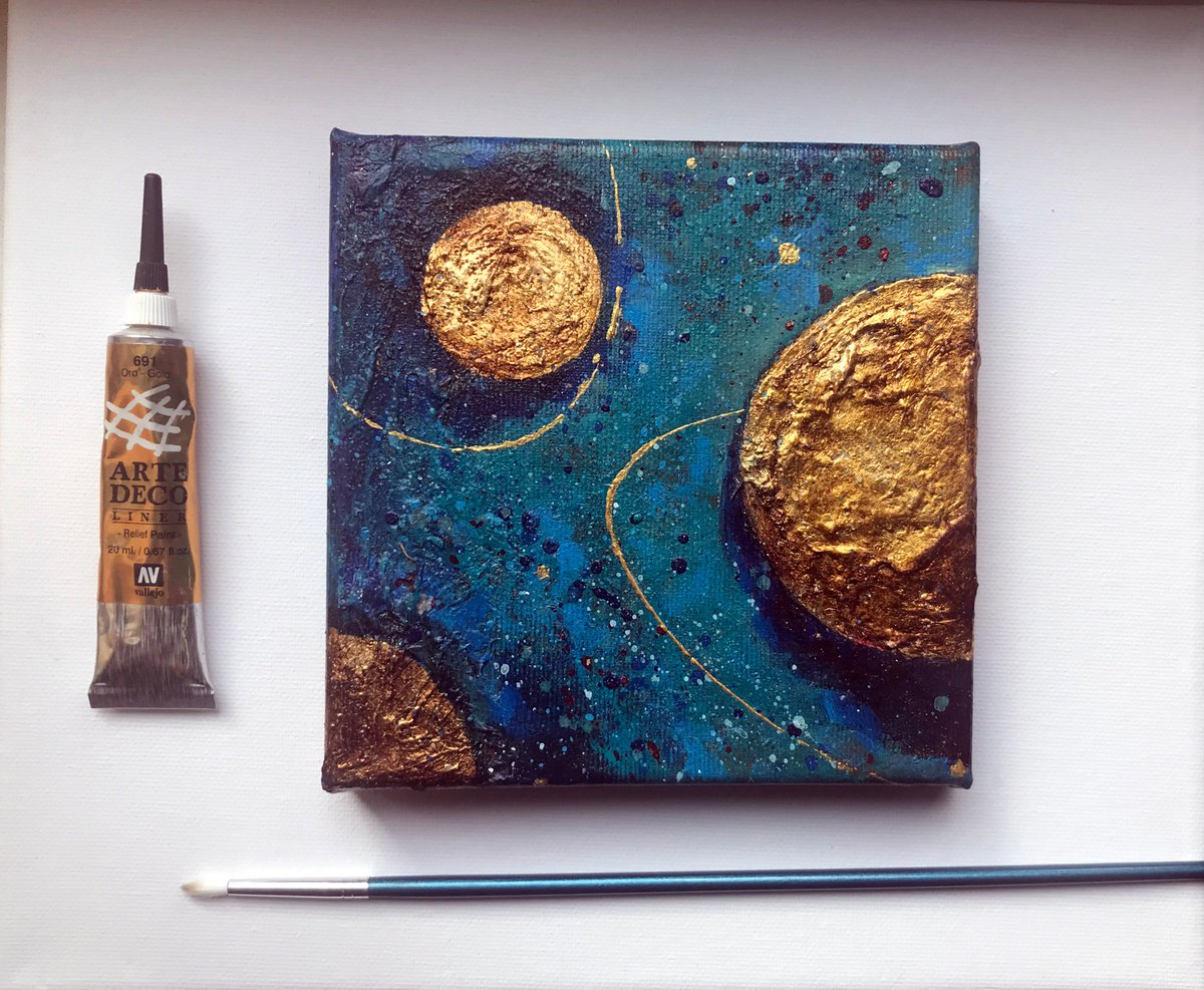 Galaxy - Small Abstract Painting with Golden Leaf by Adriana Vasile