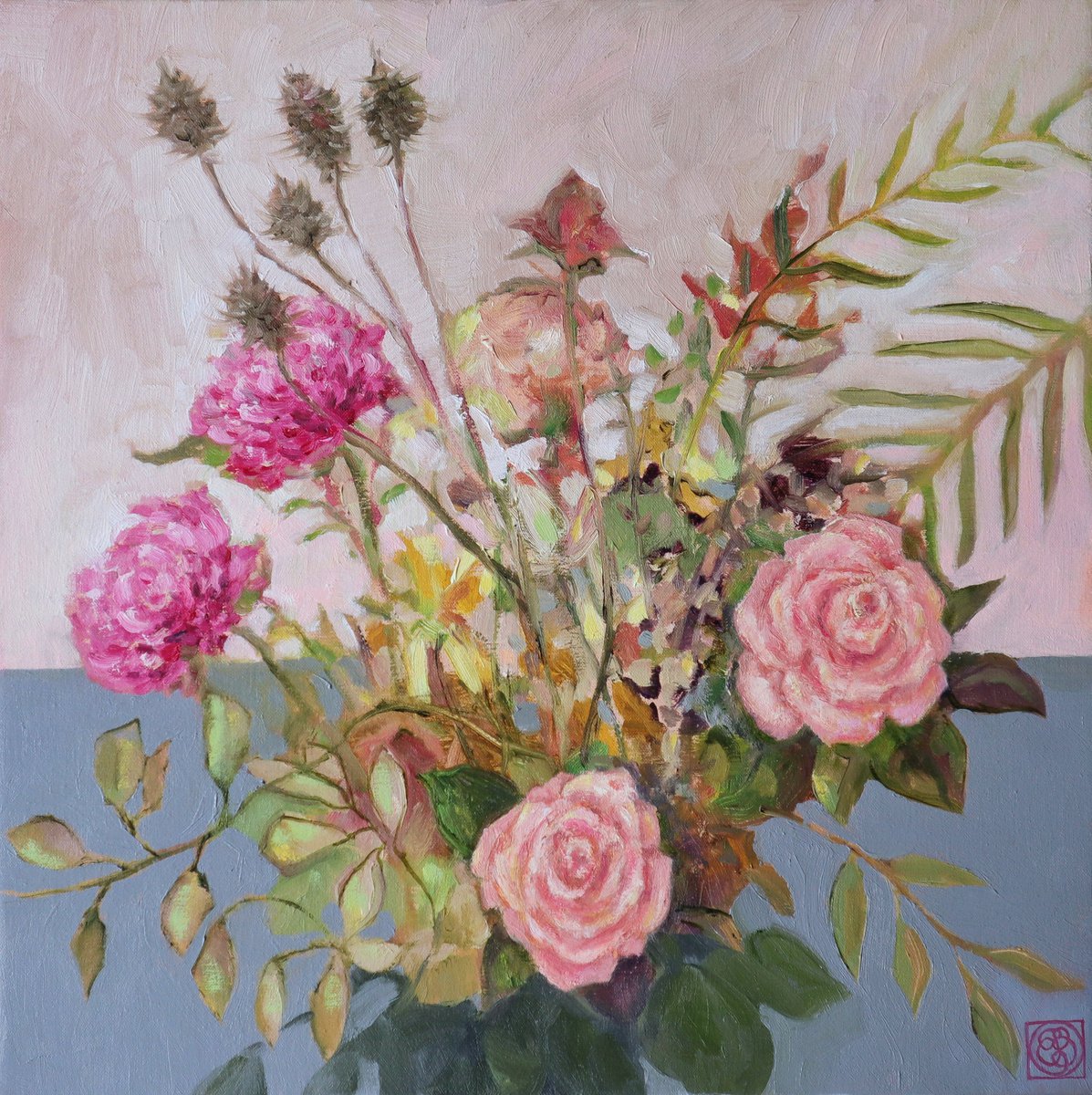 Impressionistic Botanical Oil Painting By Katia Bellini, 20 X 20", Floral Arrangement, Original Artwork