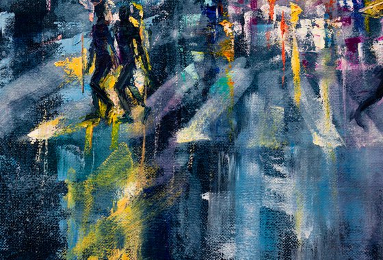 "Street of the night city" people with umbrella , original oil painting