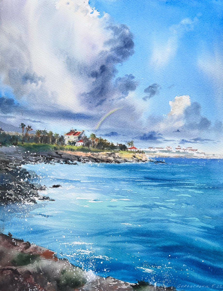 Sea coast of Cyprus Clouds Rainbow by Eugenia Gorbacheva