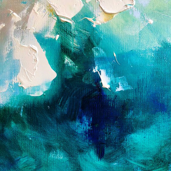 CASTLE IN THE SEA FOG - Sea abstraction. Dark. Mystical. Sea Storm. Flowers. Peony. Hand Painted. Large strokes. Gradient. Emerland.