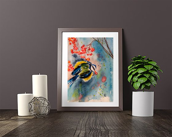 Chickadee Painting Bird Original Art Small Bluetit Original Watercolor Artwork Home Wall Art 7 by 10" by Halyna Kirichenko