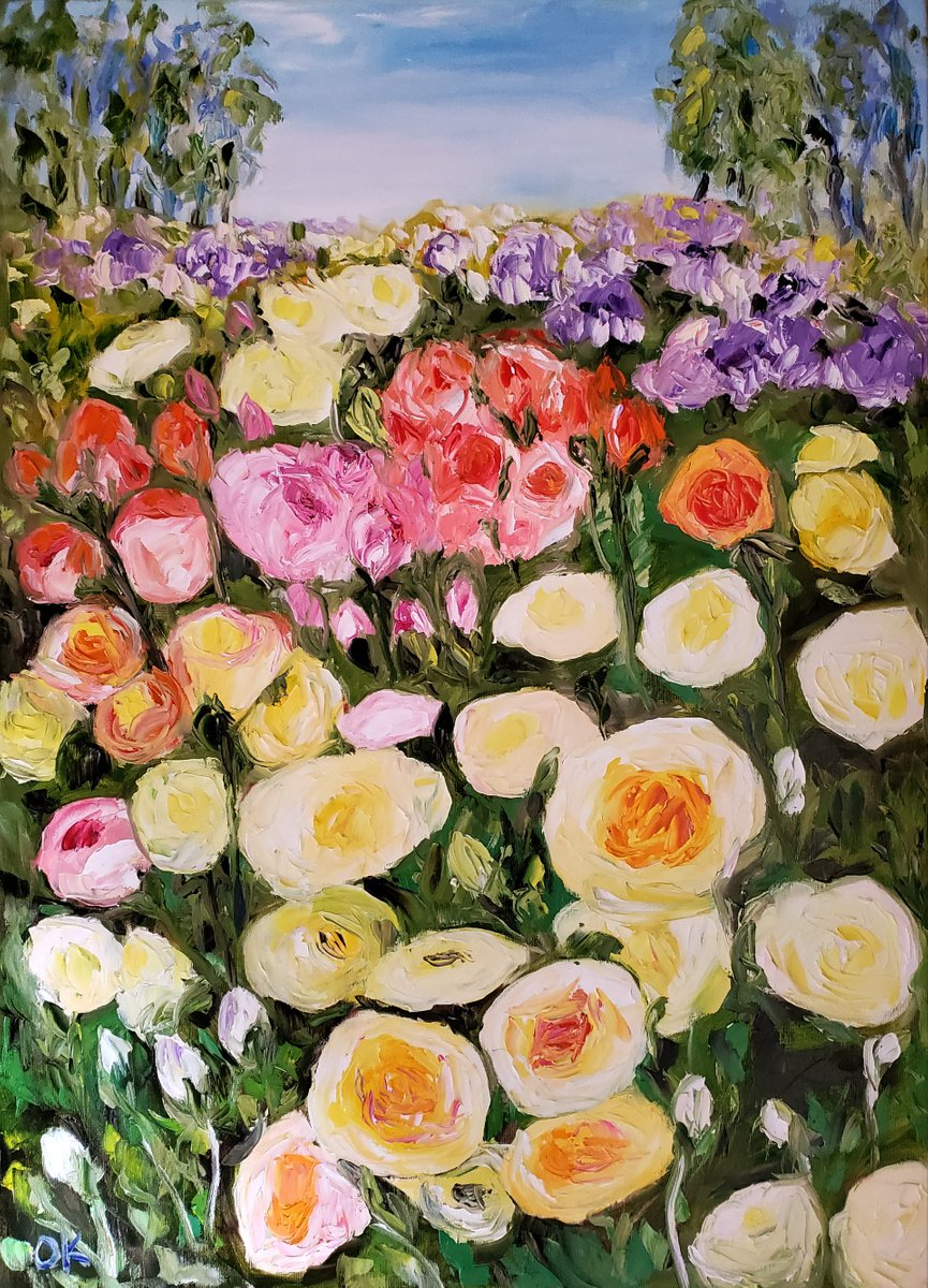 SUMMER DAY WHITE PINK YELLOW PURPLE ROSES in a Greenwich rose garden palette knife moder... by Olga Koval