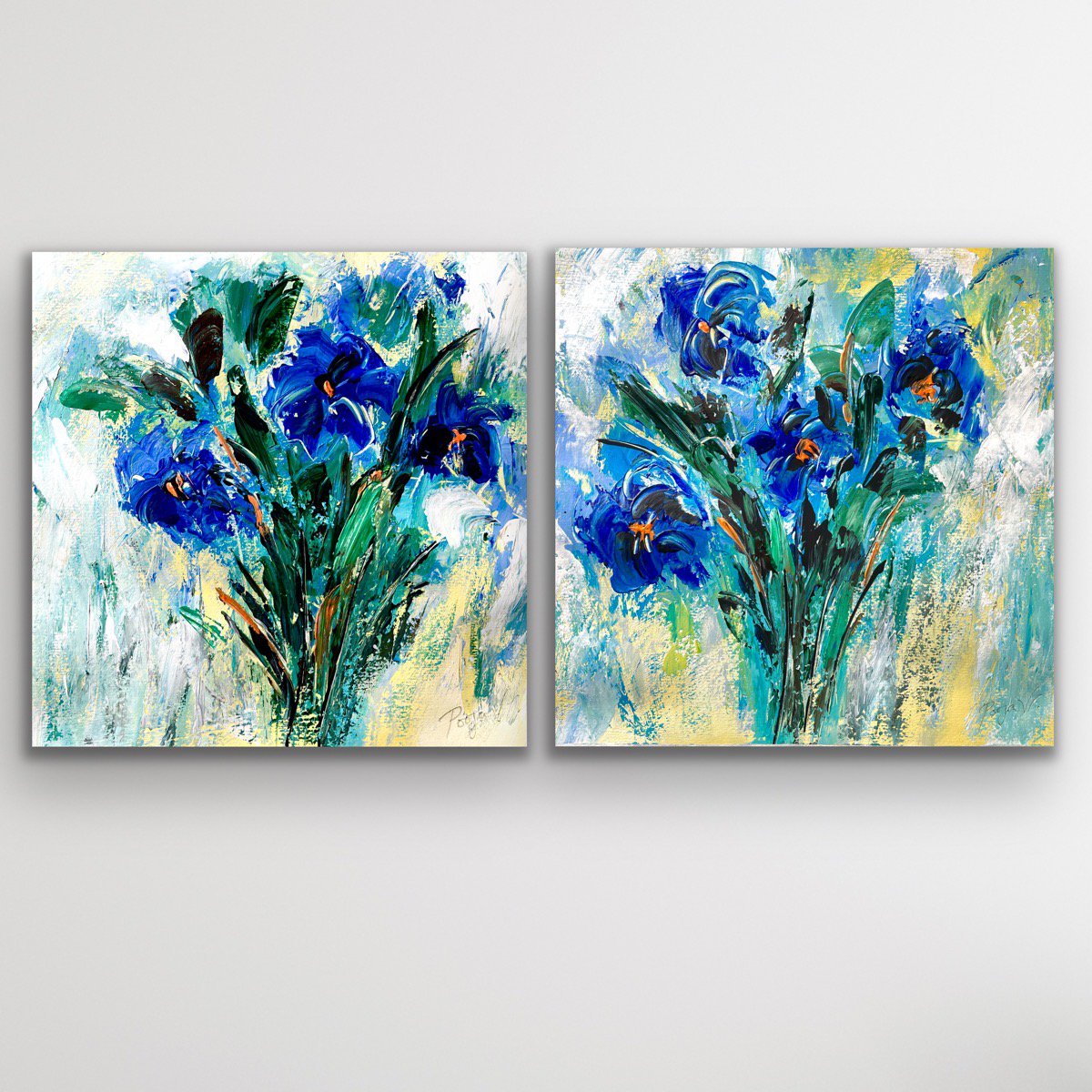 Impressionistic Abstract Acrylic Painting By Pooja Verma, 24 X 12", Blue Spring Flowers - Diptych, Original Artwork