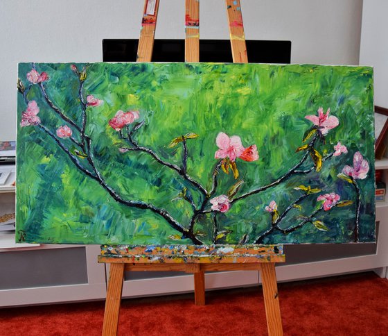 Spring flowers oil painting on canvas, pink flower, green wall art