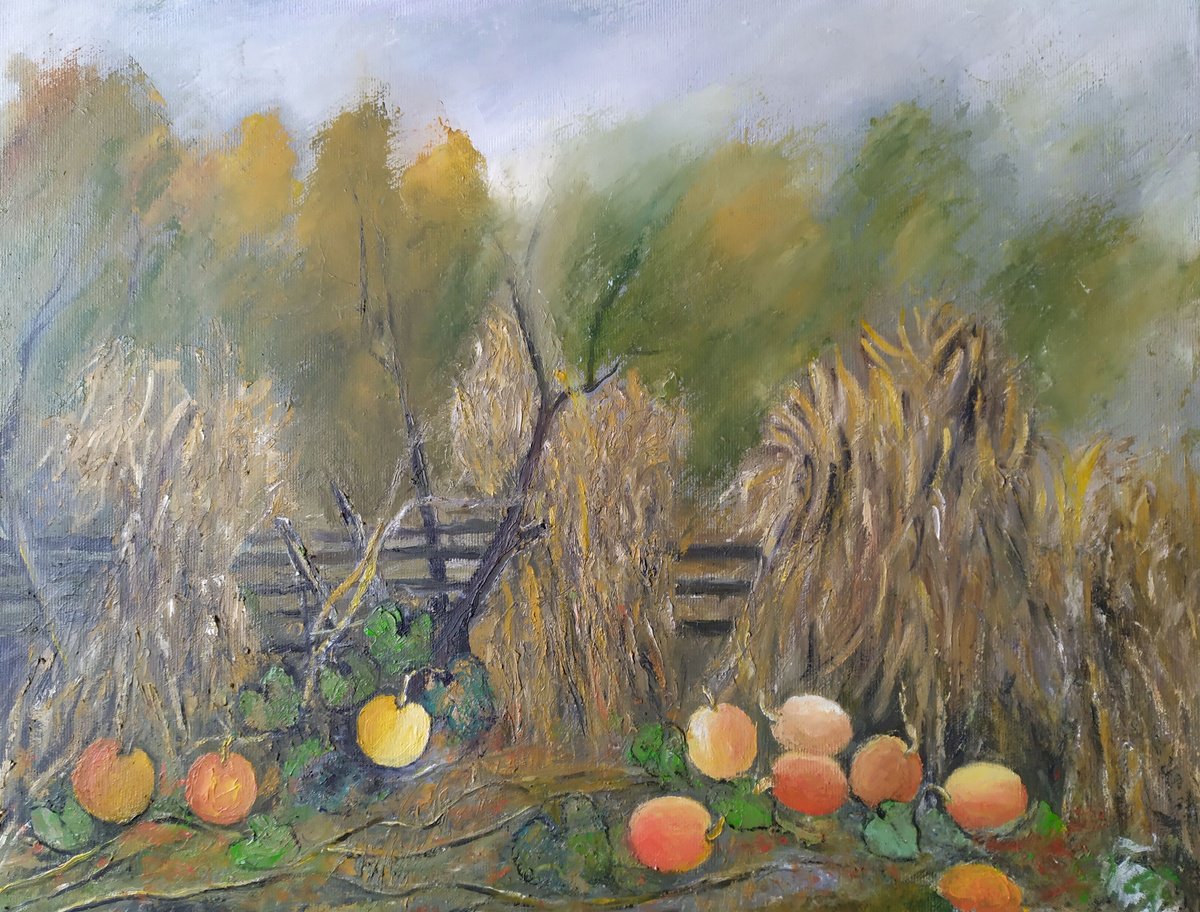 Impressionistic Landscape Oil Painting By Maria Karalyos, 20 X 16", A Wet Autumn Day, Original Artwork