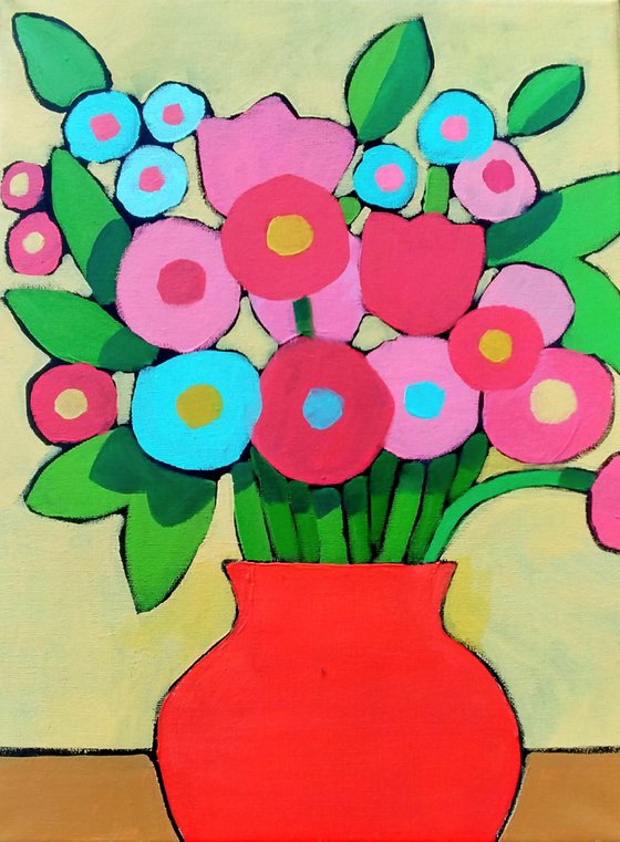 Spring Flowers in a Red Vase