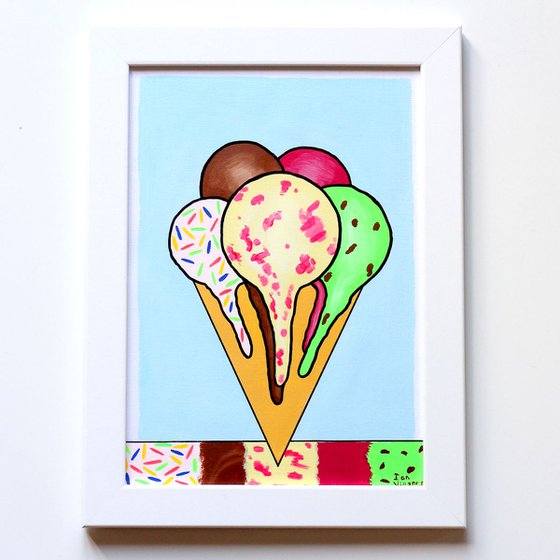 Melting Five Scoops Ice Cream Cone Pop Art Painting On A4 Paper