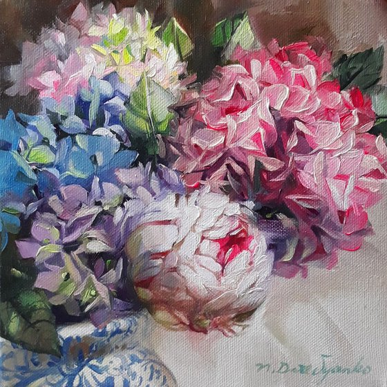Hydrangea and peonies flowerspainting on canvas