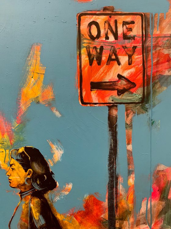 Bright vertical painting - "ONE WAY" - Street art - City - Street - Girl - Road sign - Urban art - Cityscape