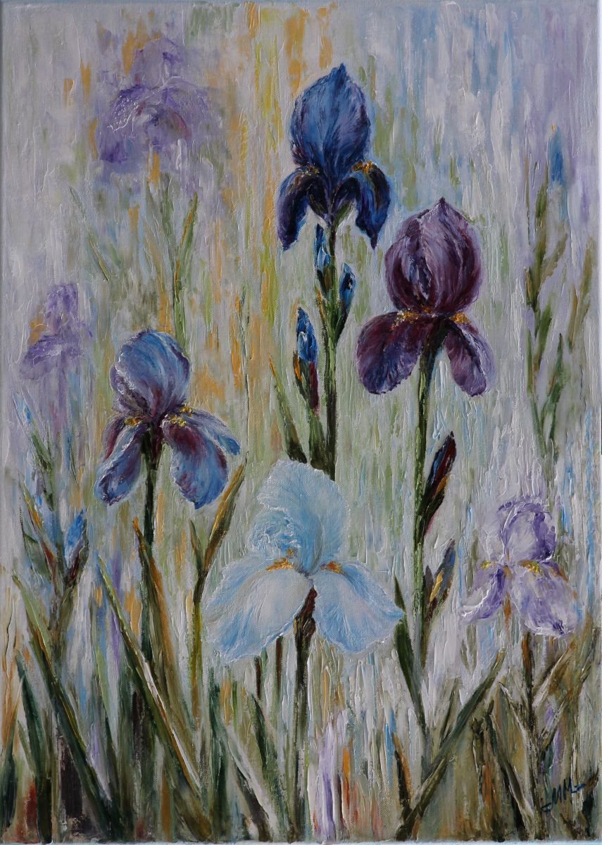 Impressionistic Botanical Oil Painting By Mila Moroko, 20 X 28", Sonata For Irises, Original Artwork