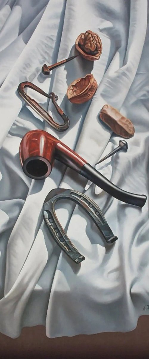 Still Life with Drapery, Pipe and Horseshoe by Alexander Titorenkov