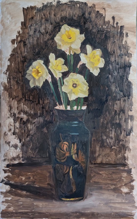 Five daffodils in a dark vase