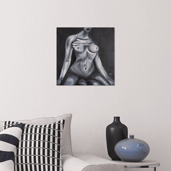 Desire, black and white erotic nude girl oil painting, gift art, bedroom painting