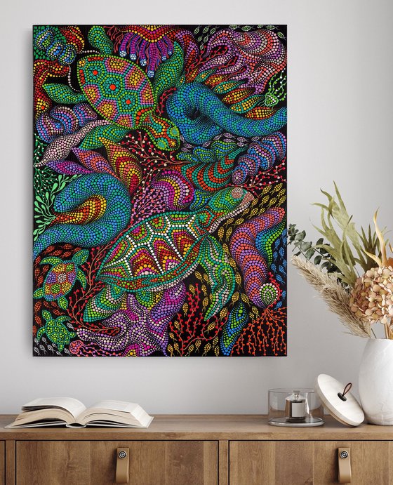 Colorful Sea Turtle and Marine Life