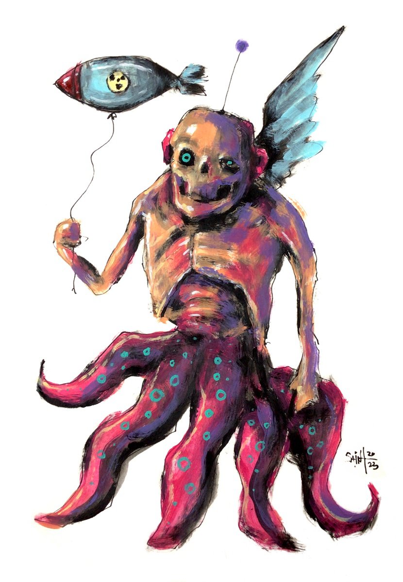 #112 Nuclear octopus Zombie portrait painting original art, Horror Naive Outsider Folk Art... by Ruslan Aksenov
