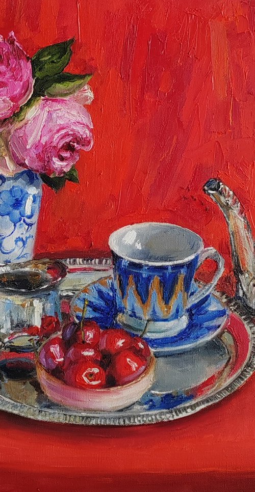 Pink roses bouquet with Antique teapot on red fabric still life oil painting by Leyla Demir