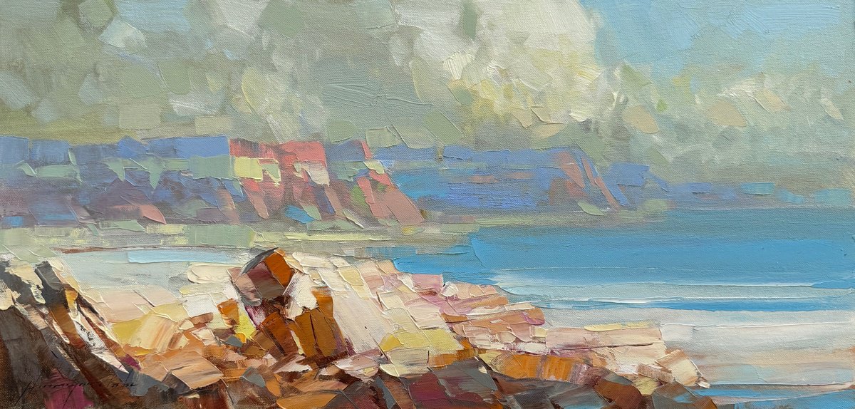 Impressionistic Landscape Oil Painting By Vahe Yeremyan, 22 X 11", Ocean Cliffs, Original Artwork