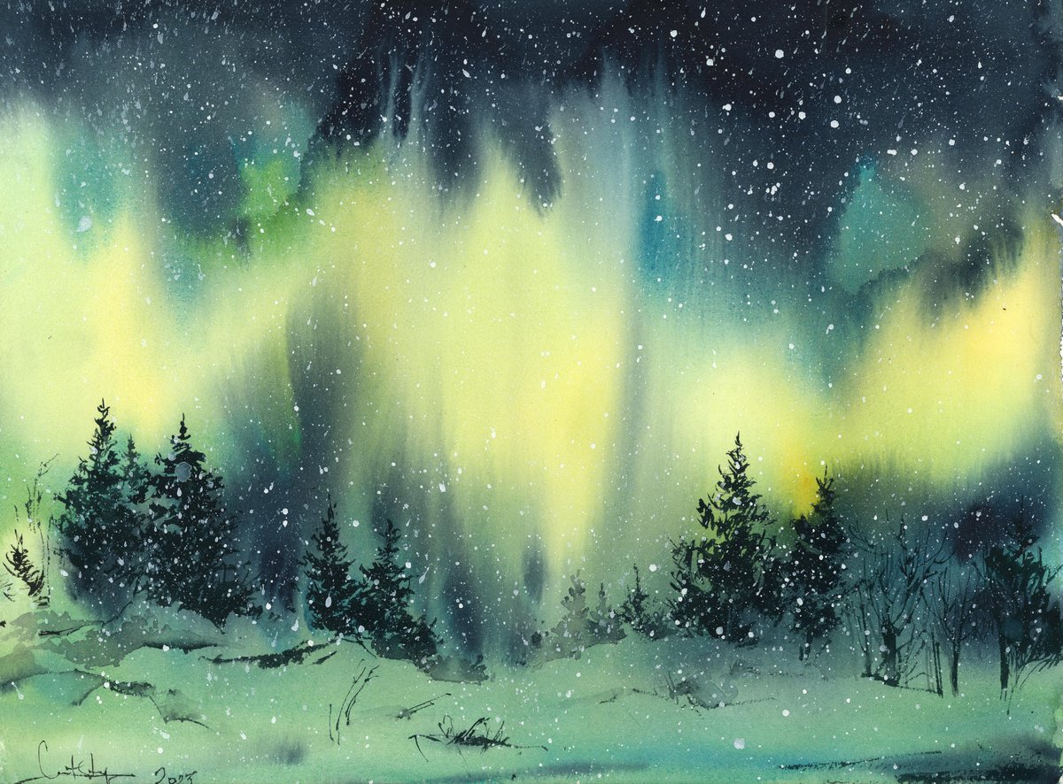 Impressionistic Landscape Watercolour By Sophie Rodionov, 16 X 12", Aurora, Original Artwork