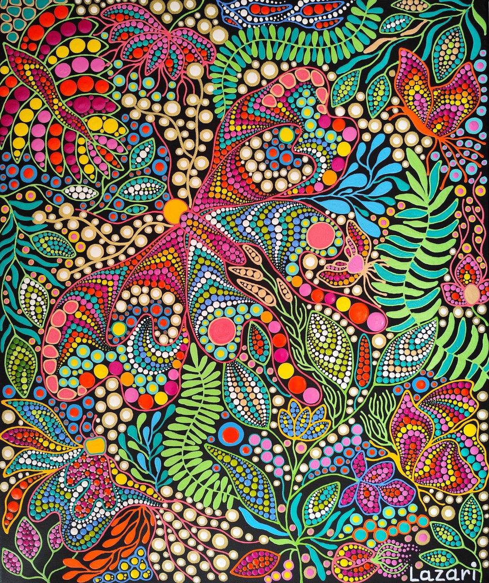 Expressive Botanical Acrylic Painting By Oxana Lazari, 20 X 24", Butterfly In Bloom, Original Artwork