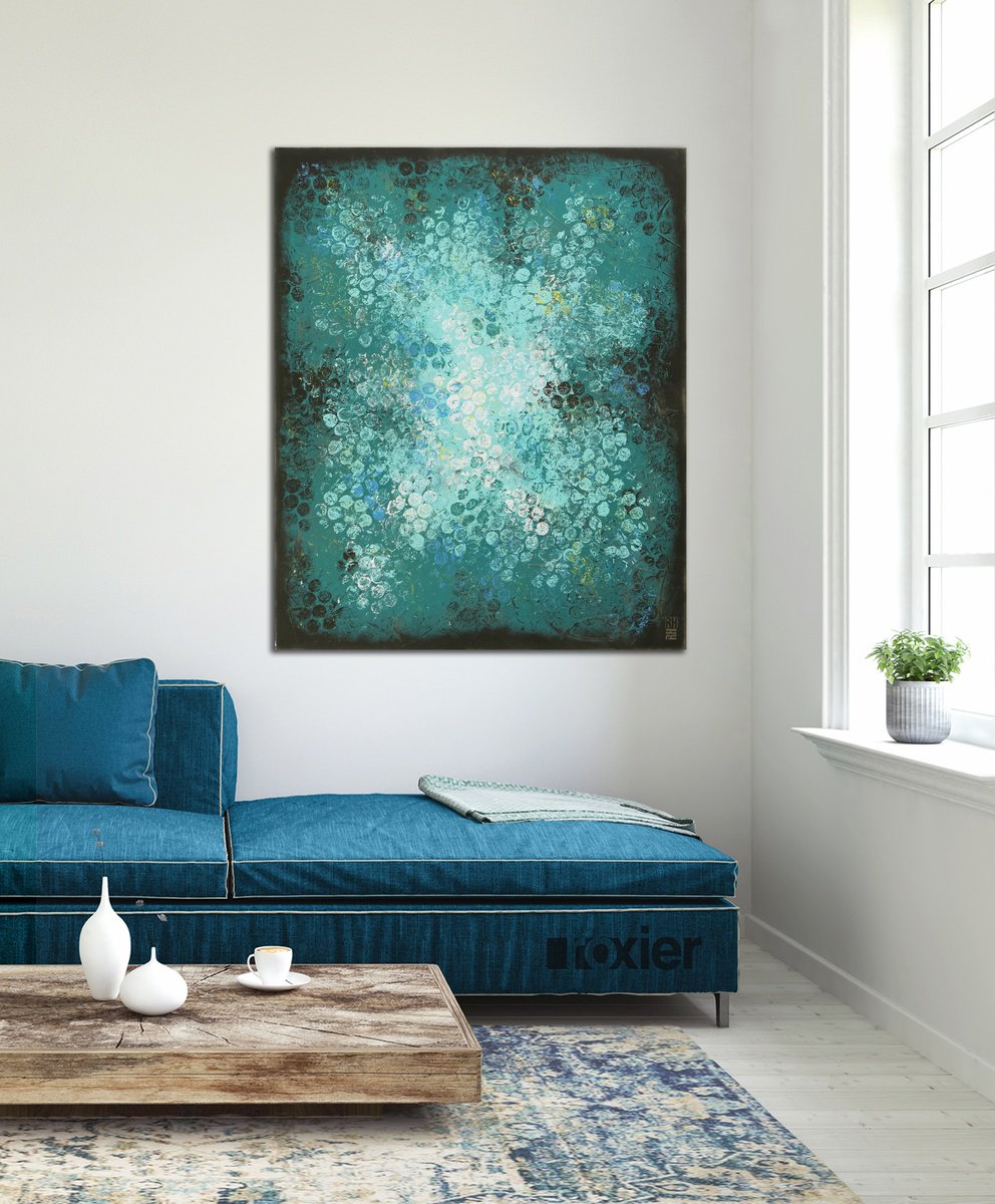 Blue Black Bubbles - Vertical Canvas 90x110 cm - Abstract Painting by Ronald Hunter - 27J by Ronald Hunter