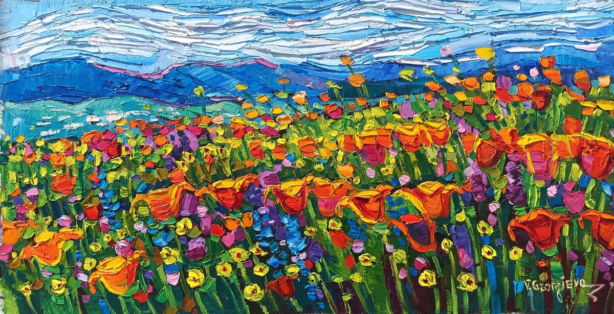 Impressionistic Botanical Oil Painting By Vanya Georgieva, 24 X 12", Californian Poppies, Original Artwork