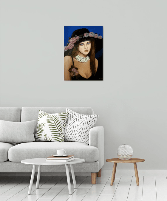 Lady with hat - portrait-oil painting- home decor