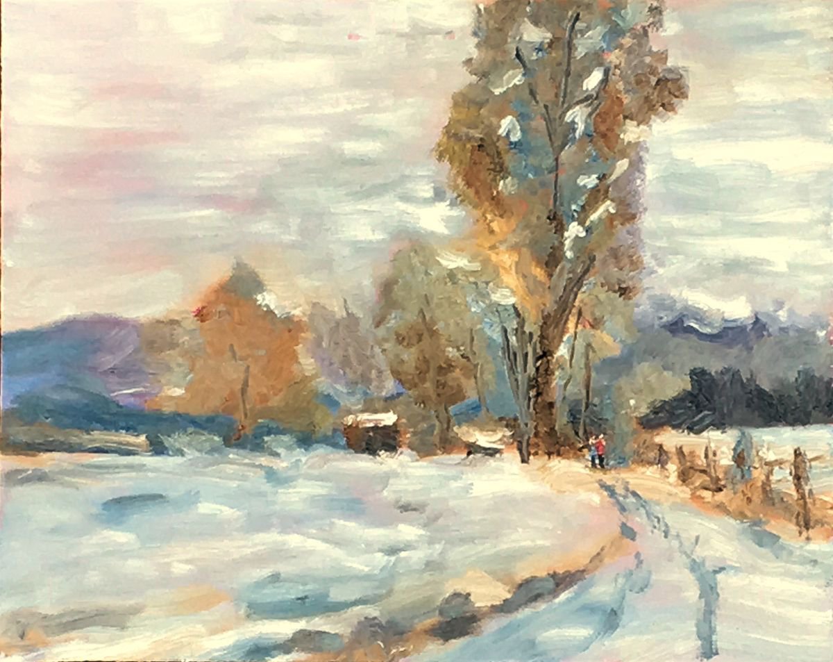 A winter walk! An original oil painting on board! Lovely gift! by Julian Lovegrove Art