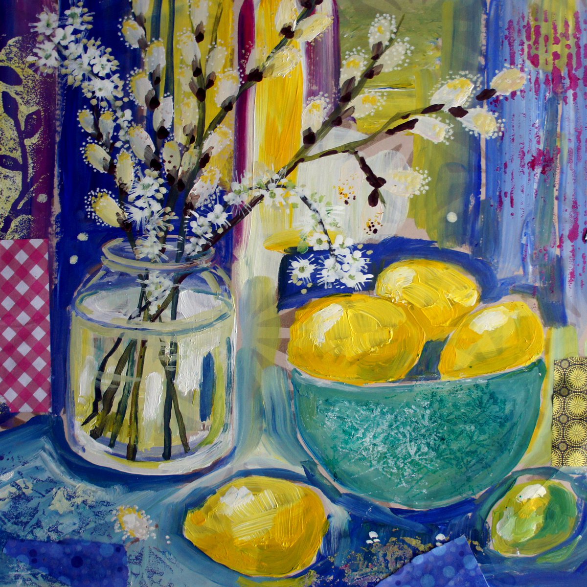 Lemons and a lime with Pussy Willow and Blackthorn by Julia Rigby