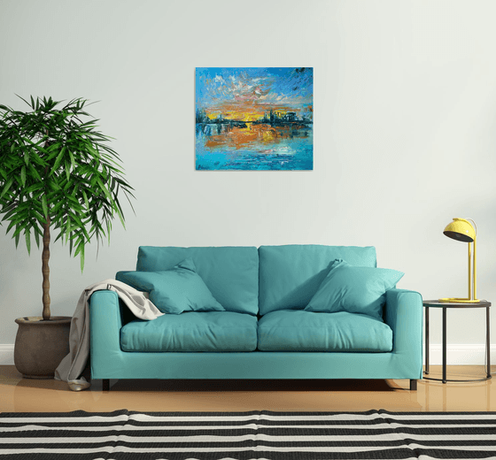 Sunset - Big city never sleeps, 70*80cm, impressionistic landscape oil painting in orange and turquoise