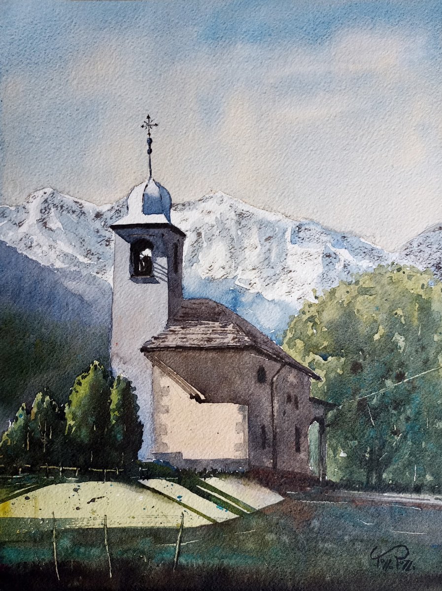 Small church from the 1600s in the Macugnaga valley with Monte Rosa in the background by Tollo Pozzi