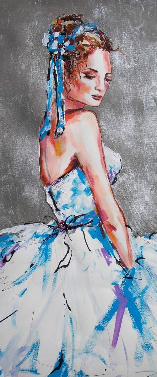 Blue Ribbon - Figurative Ballerina  Acrylic Mixed Media  Painting on Paper by Antigoni Tziora