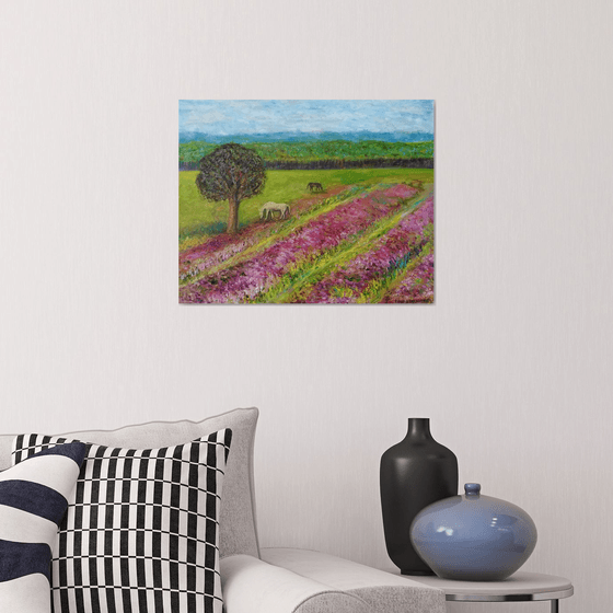 "Lavender Field with Horses in Pasture" - Original Oil on Canvas Painting 40x50 cm (16 by 20")