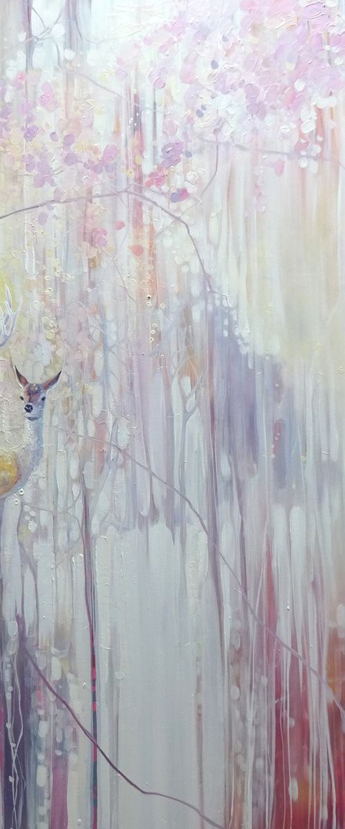 LARGE ORIGINAL Oil Painting - Woodland Born - winter abstract with deer by Gill Bustamante