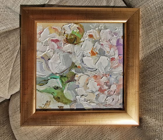 Miniature flowers painting, Textural white floral painting